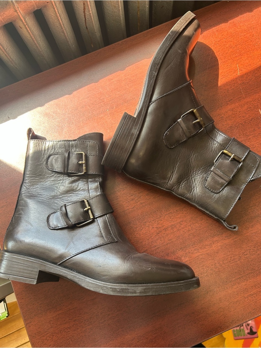 Emanuele Crasto Italian Leather Moto Boots Brown Double Buckle Zip Womens 40 9.5